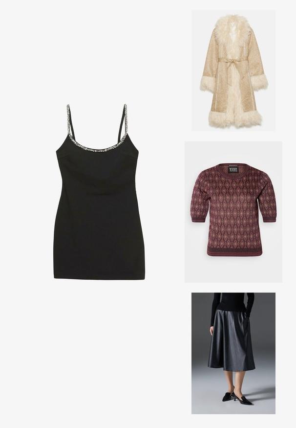 Beiger Mantel mit einem flauschigen weißen Kunstfellkragen und -manschetten. Mit einem Bindegürtel und einem strukturierten Stoff in einem subtilen Muster.; Strickpullover in Burgunderrot mit einem Diamantmuster in Creme. Verfügt über kurze Puffärmel und einen runden Ausschnitt. Weiche Textur.; Schwarzes ärmelloses Kleid mit taillierten Design, strukturiertem Stoff und verzierten Trägern, die kleine, glänzende Akzente entlang des Ausschnitts aufweisen.; Schwarzer Leder-Midirock mit glatter Textur; verfügt über einen Taillenbund und Seitentaschen. Kombiniert mit glänzenden schwarzen Absatzschuhen.