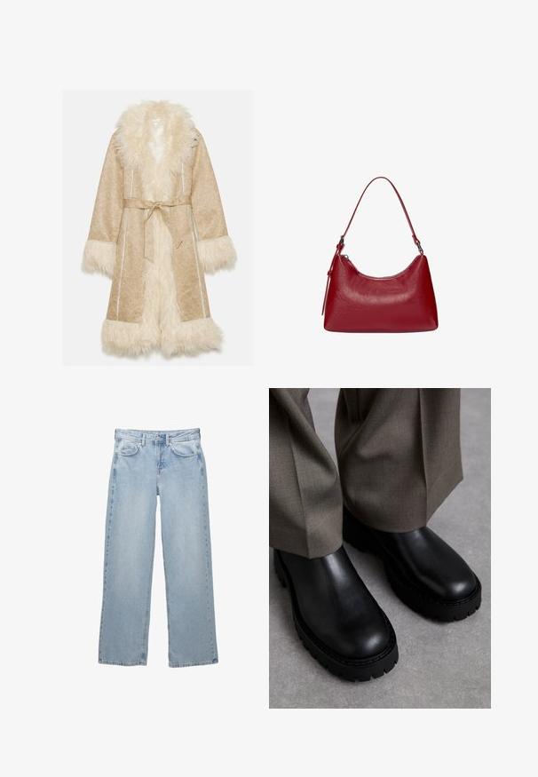 Beige frakke med en fluffy hvid faux fur krave og manchetter. Har en bæltebinding og en tekstureret stof med et subtilt mønster.; To slettekote bluser: en hvid med ribbet tekstur og en lysegrå med et subtilt melange-mønster. Begge har runde halsudskæringer.; Lys blå denim jeans med bred bendesign, med en knap- og lynlåslukning, fem lommer og minimale syninger.; Sorte læder ankelstøvler med en kraftig gummisål, glat overflade, rund tå og minimal detaljer. Sammen med lysegrå bukser.; Rød læder skuldertaske med et buet design, glat tekstur og lynlåslukning. Den har et tyndt håndtag til at bære.
