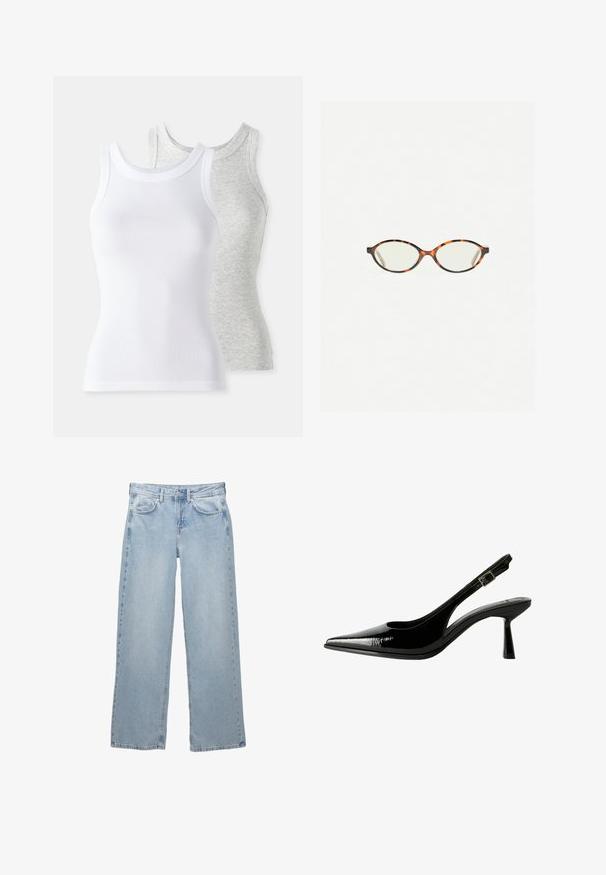 Béžový kabát s nadýchaným bielym umelým kožuchom na golieri a rukávoch. Obsahuje opasok a textúrovanú tkaninu v jemnom vzore.; Dve tielka bez rukávov: jedno biele s ribovanou textúrou a druhé svetlošedé s jemným melírom. Obe majú okrúhle výstrihy.; Svetlomodré denimové nohavice so širokým strihom, s uzáverom na gombík a zips, piatimi vreckami a minimálnymi šitými detailmi.; Čierne lakované kožené slingback lodičky s špicatou špičkou, vyrezávanými bokmi, nastaviteľným remienkom okolo členka a tenkým, elegantným podpätkom.; Korytnačkové okuliare s oválnymi šošovkami a hladkým, lesklým povrchom. Majú tenké strany s jemným zakrivením na spánkoch. Priehľadné šošovky.; Červená kožená taška cez rameno s zakriveným dizajnom, hladkou textúrou a zipsovým uzáverom. Obsahuje tenký popruh na nosenie.