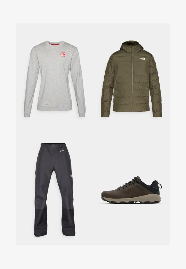 Maslinasto zelena jakna s kapuljačom, s podstavom, kvadratnim dizajnom, prednjim zatvaračem i bijelim logotipom na lijevoj strani prsiju. Glatka tekstura.; Sivi dukserica s rundim izrezom izrađena od mješavine pamuka, s crvenim kružnim logotipom na prsima i rebrastim manžetama na rukavima i donjem rubu.; Crne vodootporne hlače s glatkom teksturom, s GORE-TEX logotipom sprijeda i ojačanim donjim dijelovima nogavica za izdržljivost.; Smeđe vodootporne tenisice s teksturiranom gornjom i perforiranim detaljima, crnom potporom za petu i sivim gumiranim potplatom. Čipke su stilizirane s metalnim krajevima.