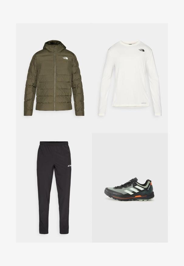 Oliven grønn isolert jakke med hette, vattert design, glidelås foran og hvit logo på venstre bryst. Glatt tekstur.; Hvit langermet skjorte med rund hals, teksturert stoff, svart logo på venstre skulder, og subtil merkevareplassering nederst.; Sorte treningsbukser med elastisk linning, to sideglidelommer og en logo på øvre høyre ben. Glatt, lettvektig stoff.; Lettvekt løpesko for terrengløp med et grått og svart mesh-overdel, oransje detaljer og en robust såle for godt grep. Vanntett Gore-Tex fôr.