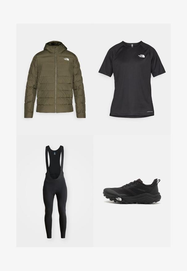 Casaco isolante verde oliva com capuz, design acolchoado, fecho frontal e logotipo branco no lado esquerdo do peito. Textura suave.; Camisa atlética preta de manga curta com um tecido texturizado, apresentando um logotipo branco no peito esquerdo e uma bainha reta.; Calças de ciclismo pretas com alças, tecido elástico e área de assento almofadada. Textura suave com costuras planas para maior conforto.; Sapatilha de trail running preta com um upper texturizado, sola de borracha e biqueira reforçada. Possui um colarinho acolchoado e uma alça para facilitar o calçar.