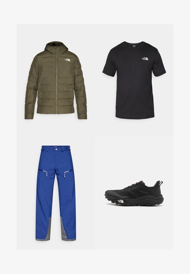 Olive green insulated jacket with a hood, quilted design, front zipper, and white logo on the left chest. Smooth texture.; Black short-sleeve t-shirt made of cotton, featuring a round neckline and a small white logo on the upper left chest area.; Blue waterproof pants with a straight cut, featuring two zippered pockets and gray accents at the hem. Made from durable fabric.; Black trail running shoe with a textured upper, rubber sole, and reinforced toe cap. Features a padded collar and pull tab for easy wear.