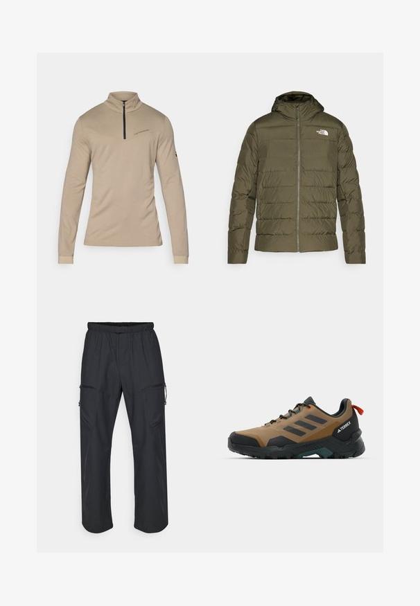 Olijfgroene gewatteerde jas met capuchon, met een ritssluiting aan de voorkant en een wit logo op de linkerkant van de borst. Gladde textuur.; Beige langärmelige blouse met een hoge kraag en een halve rits. Kenmerkt zich door een diagonale naad en subtiele branding op de borst. Glad textuur.; Zwarte cargo broek met een elastische tailleband, twee ritszakken en een lichte, zachte stofstructuur.; Lichtbruine wandelschoenen met zwarte accenten, met een gestructureerde bovenkant, rubberen buitenzool en versterkte neus. Inclusief een rode trekband.