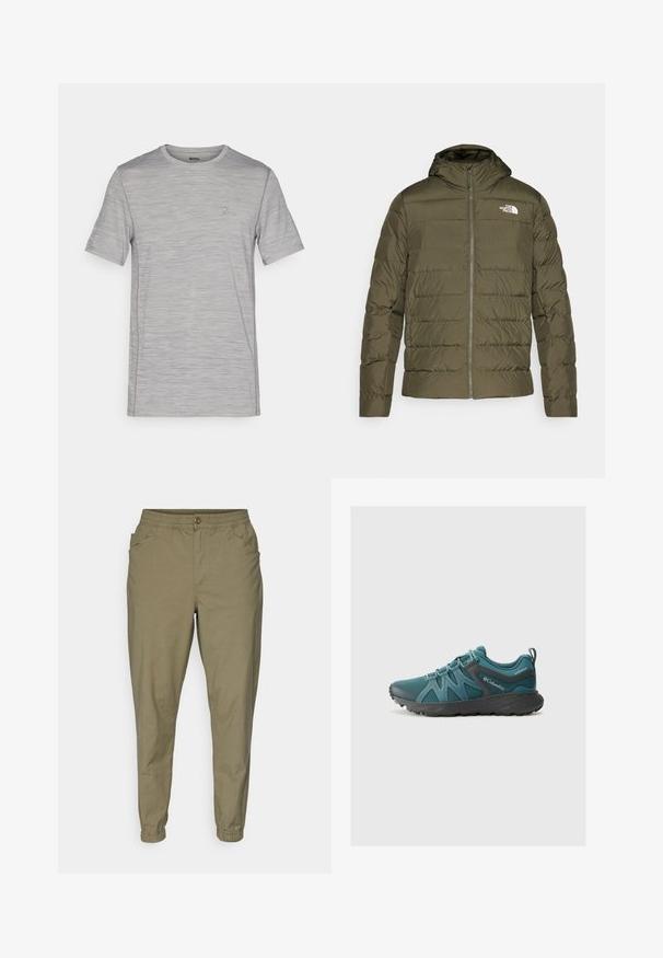Olivgrüne isolierte Jacke mit Kapuze, gestepptem Design, Frontreißverschluss und weißem Logo auf der linken Brust. Glatte Textur.; Graues meliertes T-Shirt mit kurzen Ärmeln und rundem Halsausschnitt, strukturiertem Stoff und kleinem Logo-Akzent auf der Brust. Leichtes Design.; Helle olivgrüne Hose mit elastischem Bund, Knopfverschluss, Seitentaschen und schmal zulaufenden Beinen mit elastischen Bündchen. Weicher, glatter Stoff.; Columbia PEAKFREAK ROAM - Hikingschuh - everblue/dark grey