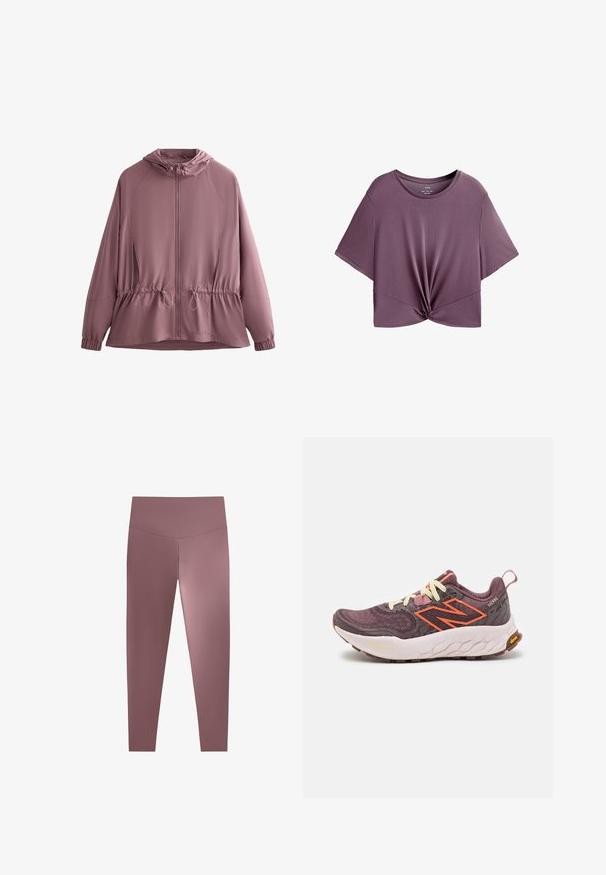 Lehká, kapucí opatřená bunda z měkké mauve tkaniny. Má přední zip, elastický pas se stahovacími šňůrkami a dlouhé rukávy raglánového střihu.; Krátký rukáv, hluboká levandulová crop top vyrobená z měkkého jersey materiálu s detailním zkroucením vpředu a kulatým výstřihem.; Vysoké, těsně padnoucí legíny v tlumené mauve barvě, vyrobené z hladkého, elastického materiálu. Bezšvový design bez viditelných částí.; Fialová a šedá sportovní bota s oranžovými akcenty, texturovaný síťový svršek, EVA mezipodešev a gumová podrážka. Obsahuje kontrastní tkaničky a poutko na patě.