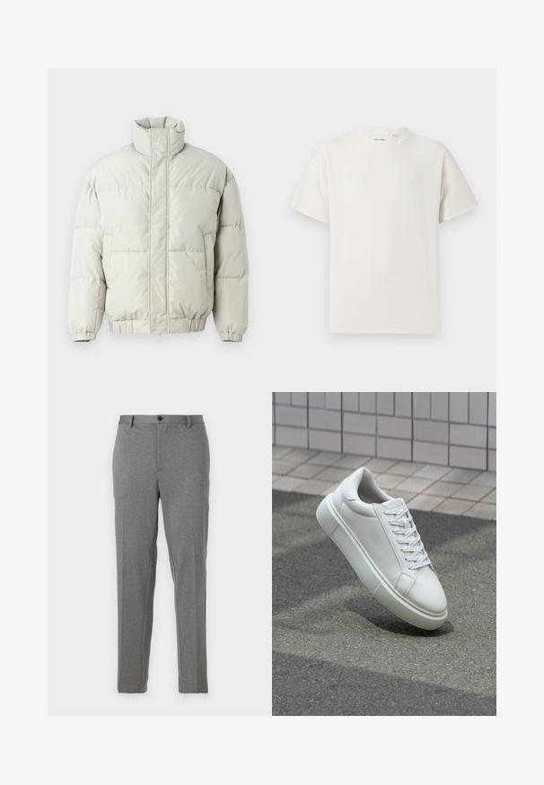 Only & Sons ONSALPHA PUFFER JACKET - Winter jacket - mirage gray; White short-sleeve T-shirt in a ribbed texture. Round neckline, relaxed fit, no visible patterns or accents. Simple and versatile design.; Gray tailored trousers featuring a smooth texture, slight pattern, zip and button closure, with front pockets and tapered legs.; White leather sneaker with a smooth surface, round toe, and flat white laces. Features a textured rubber sole and minimal design elements.