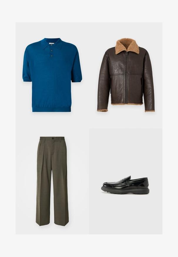 Veste en cuir marron avec un col en shearling beige. Elle possède une fermeture éclair à l'avant, des poches latérales et une coupe légèrement ample avec une surface texturée.; Polo à manches courtes en bleu sarcelle, fabriqué dans un tissu doux. Il présente un col, un plastron à trois boutons et un ourlet élastiqué pour un ajustement décontracté.; Filippa K WIDE TROUSERS - Pantalon classique - driftwood; Mocassin en cuir noir avec une finition brillante, bout arrondi, détails de couture subtils et semelle en caoutchouc épaisse pour la durabilité.