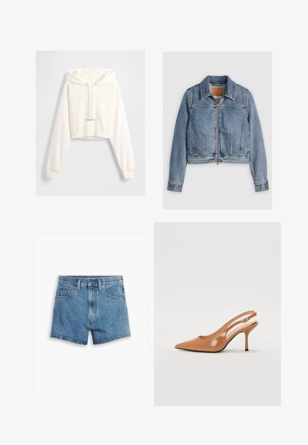 Gaiši zilas džinsu jaka ar rāvējslēdzēju priekšpusē, ar norādītu apkakli un divām priekšējām kabatām. Satur izšūtus detaļas un ir īsā piegriezuma.; Gaiši krēms krītošs kapuce izgatavota no mīksta auduma, ar pielāgojamu kapuci, raglanu piedurknēm, iepresēto "GAP" logo un ribinātām piedurknēm.; Gaiši zili džinsu šorti, kas aprīkoti ar piecām kabatām, rāvējslēdzēja aizdari un pogu aizdari. Apakšmala ir saplēsta, un izskats ir brīvs.; Izteikts pirksta siksnas zābaks, izgatavots no gludas, spīdīgas brūnas materiāla. Piedāvā izliekta izgriezuma dizainu un smalku stiletto papēdi. Sudraba sprādze.