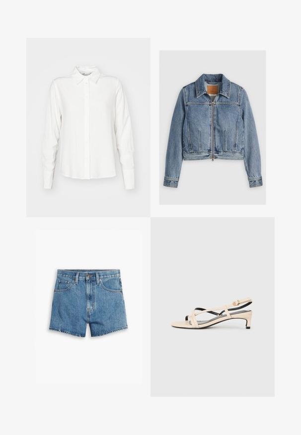 Giacca di jeans azzurro chiaro con chiusura a zip, colletto a punta e due tasche frontali. Presenta dettagli cuciti e un taglio corto.; Camicia bianca a maniche lunghe con colletto, realizzata in un tessuto liscio; presenta una linea dritta e una morbida texture.; Shorts in denim blu chiaro, con cinque tasche, chiusura a zip e bottone. L'orlo è sfilacciato e presenta un design a vestibilità rilassata.; Sandalo slingback in pelle beige con cinturini incrociati, tacco basso e dettagli neri. Texture liscia e design minimalista.