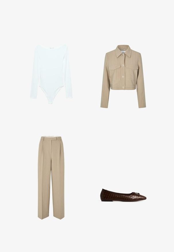 Giacca beige accorciata con righe verticali, due tasche sul petto, colletto a punta e chiusura frontale con bottoni argentati.; Body a maniche lunghe bianco con scollo ampio, realizzato in un tessuto morbido e elasticizzato, caratterizzato da una vestibilità slim e aperture per le gambe alte.; Pantaloni beige a gamba larga con righe verticali. Realizzati in un tessuto testurizzato, presentano una parte anteriore plissettata, passanti per cintura e una silhouette sartoriale.; Ballerine in pelle tessuta marrone con punta arrotondata, fiocco decorativo e suola piatta. La superficie texturizzata offre un delicato dettaglio a motivo.