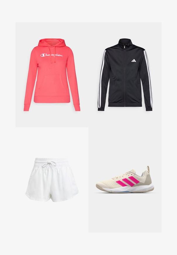 Black athletic jacket with a high collar, front zipper, and white accent stripes along the arms. Features an embroidered white logo on the chest.; Coral pink hoodie, cotton material, front kangaroo pocket, white "Champion" logo, adjustable drawstring hood, long sleeves, ribbed cuffs.; White athletic shorts with an elastic waistband and adjustable drawstring. Made from lightweight material, featuring side pockets and a loose fit.; Beige athletic shoe with pink three-stripe logo, textured mesh upper, padded collar, and white rubber sole, featuring "LIGHTSTRIKE" branding.
