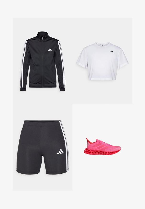 Black athletic jacket with a high collar, front zipper, and white accent stripes along the arms. Features an embroidered white logo on the chest.; White cropped t-shirt made from soft fabric, featuring short sleeves and a round neckline. Black logo on the left chest.; Black athletic shorts made of stretch fabric, featuring white side stripes and an Adidas logo on the lower right leg. Smooth texture.; Pink athletic shoe with a breathable textile upper, three stripe design, and a distinctive lattice-patterned sole. Accents in darker pink.