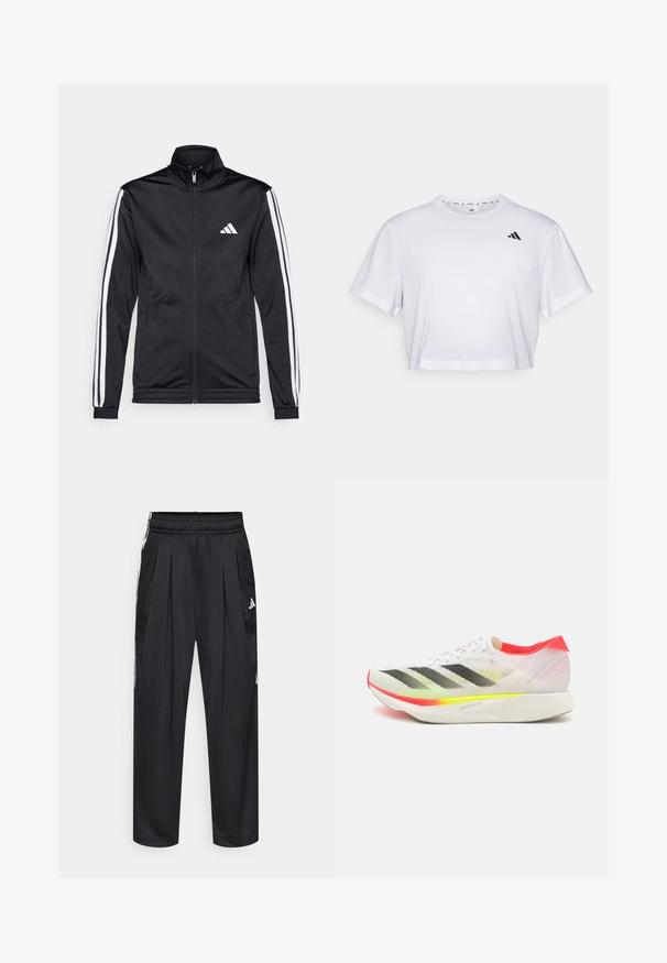 Black athletic jacket with a high collar, front zipper, and white accent stripes along the arms. Features an embroidered white logo on the chest.; White cropped t-shirt made from soft fabric, featuring short sleeves and a round neckline. Black logo on the left chest.; Black athletic pants with pleats, elastic waistband, and side stripes. Made from smooth fabric, featuring the Adidas logo in white.; Sport shoe with a white mesh upper, black stripes, neon yellow and pink accents, and a lightweight white outsole labeled "LIGHTSTRIKE PRO."