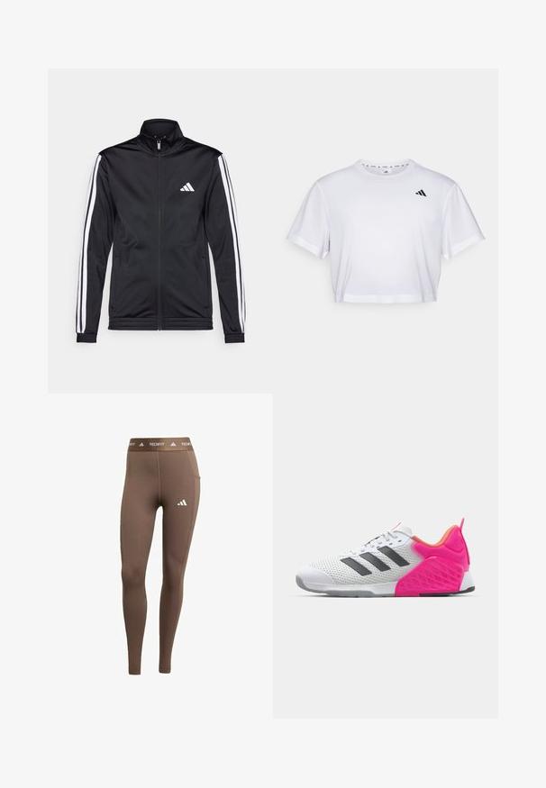 Melnā sporta jaka ar augstu apkakli, priekšējo rāvējslēdzēju un baltām akcenta svītrām gar rokām. Tās priekšpusē ir izšūts balts logo uz krūšu daļas.; Balts īsa krekls, kas izgatavots no mīksta auduma, ar īsām piedurknēm un apaļu kakla izgriezumu. Melna logo kreisajā krūtī.; Brūni sporta legingi, kas izgatavoti no stretch materiāla. Izceļas ar balto logo uz kreisās kājas un zīmola jostasvietu. Gluda tekstūra un liegta piegriezuma. ; Baltas sporta apavu modelis ar pelēkiem svītrām, sieta augšdaļa un rozā papēdis ar akcentiem. Iezīmējas ar teksturētu papēdi un gumijas zoli. Kordeles un mīkstināta apkakle.
