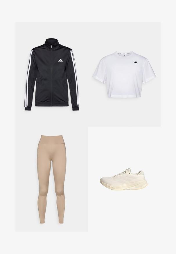 Black athletic jacket with a high collar, front zipper, and white accent stripes along the arms. Features an embroidered white logo on the chest.; White cropped t-shirt made from soft fabric, featuring short sleeves and a round neckline. Black logo on the left chest.; Light beige leggings with a high waistband, made from smooth, stretchy material, featuring no visible seams or patterns.; Light beige athletic shoe with a mesh upper, flat laces, and a cushioned sole. Features three stripes design on the lateral side.