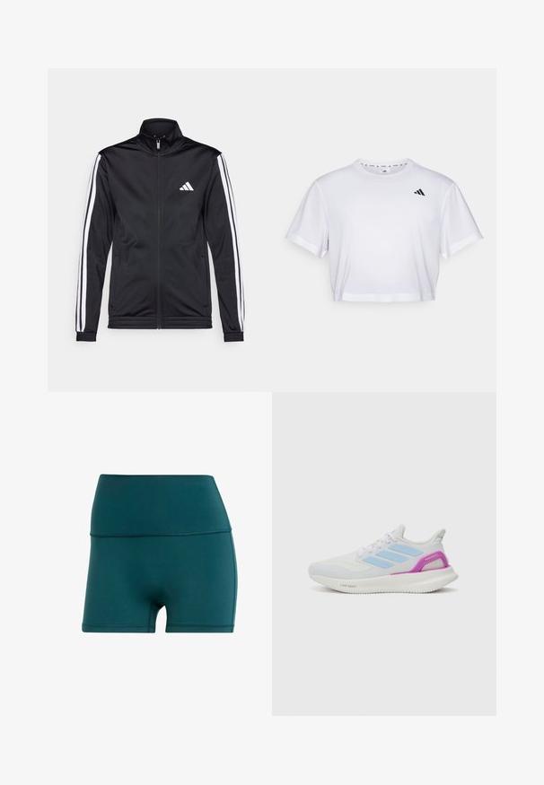 Black athletic jacket with a high collar, front zipper, and white accent stripes along the arms. Features an embroidered white logo on the chest.; White cropped t-shirt made from soft fabric, featuring short sleeves and a round neckline. Black logo on the left chest.; Teal athletic shorts made of smooth, stretchy material. High waistband with flat seams, featuring a fitted design and mid-thigh length.; adidas Performance PUREBOOST 5 - Road running shoes - white/glow blue/purple burst