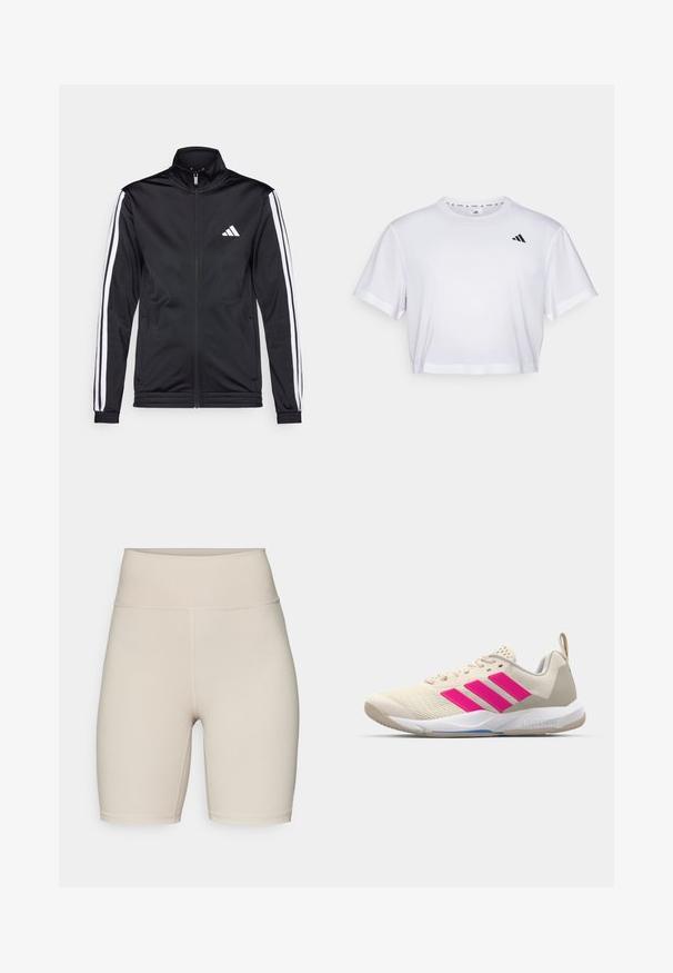 Black athletic jacket with a high collar, front zipper, and white accent stripes along the arms. Features an embroidered white logo on the chest.; White cropped t-shirt made from soft fabric, featuring short sleeves and a round neckline. Black logo on the left chest.; adidas Performance ALL ME ESSENTIALS SHORT LEGGINGS - Leggings - beige; Beige athletic shoe with pink three-stripe logo, textured mesh upper, padded collar, and white rubber sole, featuring "LIGHTSTRIKE" branding.