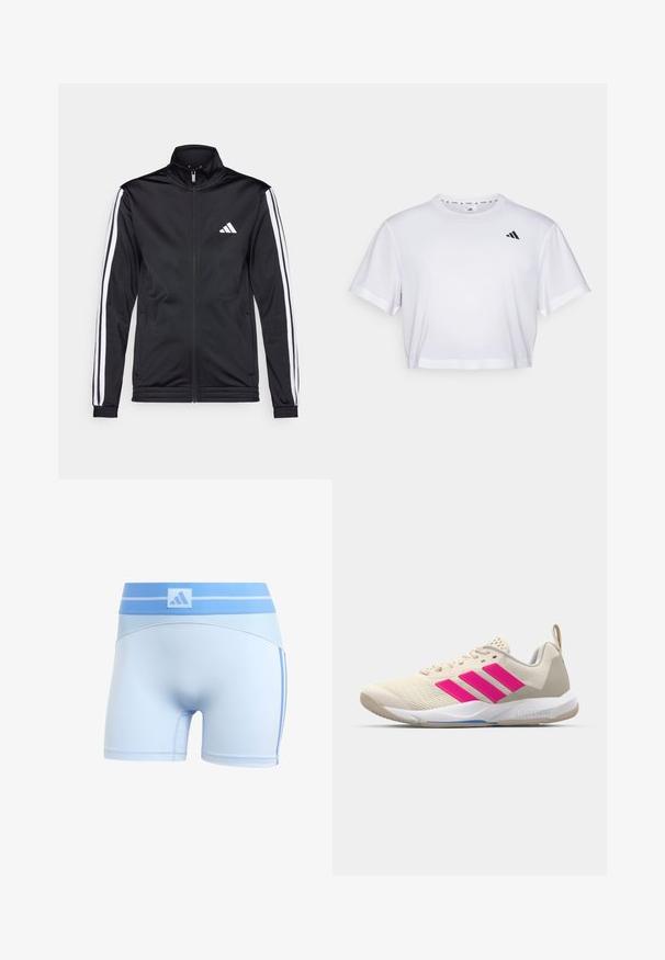 Black athletic jacket with a high collar, front zipper, and white accent stripes along the arms. Features an embroidered white logo on the chest.; White cropped t-shirt made from soft fabric, featuring short sleeves and a round neckline. Black logo on the left chest.; Light blue athletic shorts with a fitted design. Features a ribbed waistband and subtle side stripes in a darker blue.; Beige athletic shoe with pink three-stripe logo, textured mesh upper, padded collar, and white rubber sole, featuring "LIGHTSTRIKE" branding.