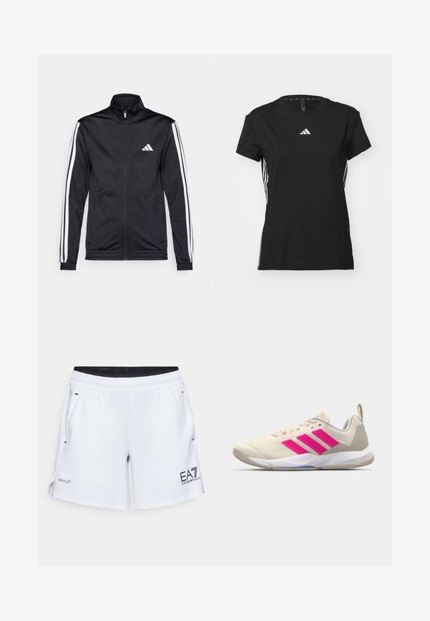 Svart idrottsjacka med hög krage, frontdragkedja och vita accentlinjer längs armarna. Har en broderad vit logotyp på bröstet.; Svart idrottströja med korta ärmar, tillverkad av syntetiskt material. Har en liten vit logotyp på bröstet och vita ränder på sidorna.; Vita atletiska shorts med elastisk midja, sidfickor och svart branding. Har en mjuk textur och delade sömmar på sidorna för rörlighet.; Beige idrottssko med rosa tre-stripes logotyp, texturerad meshöverdel, vadderad krage och vit gummisula, med "LIGHTSTRIKE"-branding.