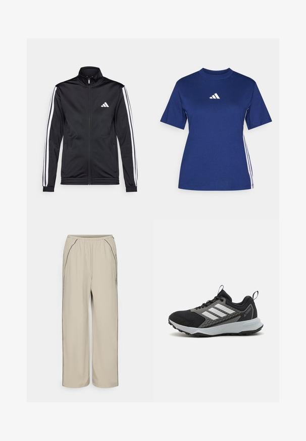 Juoda sportinė striukė su aukštu apykakle, priekiniais užtrauktukais ir baltais akcentiniais dryžiais ant rankovių. Ant krūtinės yra išsiuvinėta balta logo.; Tamsiai mėlynas trumpomis rankovėmis marškinėliai, pagaminti iš medvilnės, su aukštu kaklu, puoštas balta logotipu ir kontrastingomis baltomis šoninėmis juostelėmis.; Šviesiai rudos, lengvos kelnių su elastinga juosta, šoninėmis kišenėmis ir kontrastingais juodais kraštų apdailos elementais. Tiesaus kirpimo dizainas, lygus paviršius.; Juodas sportinis batelis su pilkais akcentais, turintis tekstūruotą tinklelio viršutinę dalį, tris baltas juosteles ir guminį pado padą, užtikrinantį sukibimą.