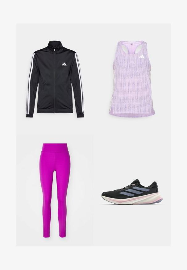 Black athletic jacket with a high collar, front zipper, and white accent stripes along the arms. Features an embroidered white logo on the chest.; Purple athletic tank top with a patterned, textured fabric. Features cutout sides and a small white logo on the front.; Fitted leggings in bright pink fabric with a smooth texture and high waistband, featuring a seamless design and tapered legs.; Black running shoe with mesh upper, light purple accents, and three horizontal gray stripes. Features a cushioned sole for comfort.