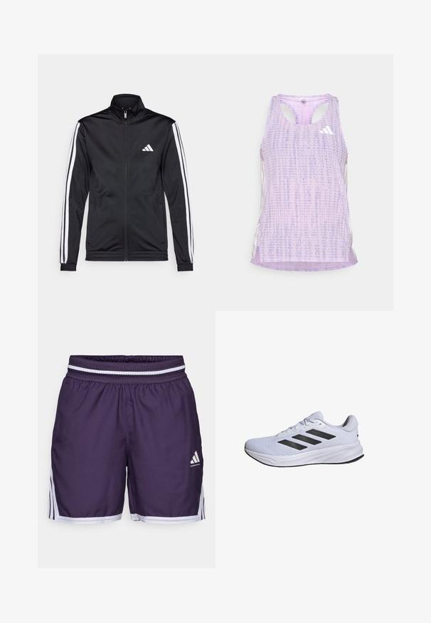 Černá sportovní bunda s vysokým límcem, předním zipem a bílými akcentovacími pruhy na rukávech. Obsahuje vyšitý bílý logo na prsou.; Fialový sportovní top bez rukávů s vzorovanou, texturovanou tkaninou. Má vykrojené strany a malé bílé logo na přední straně.; Fialové basketbalové šortky s elastickým pasem, které mají bílé síťové prvky. Obsahují boční pruhy a logo na spodní přední části.; adidas Performance RESPONSE - Silniční běžecké boty - cloud white core black cloud white