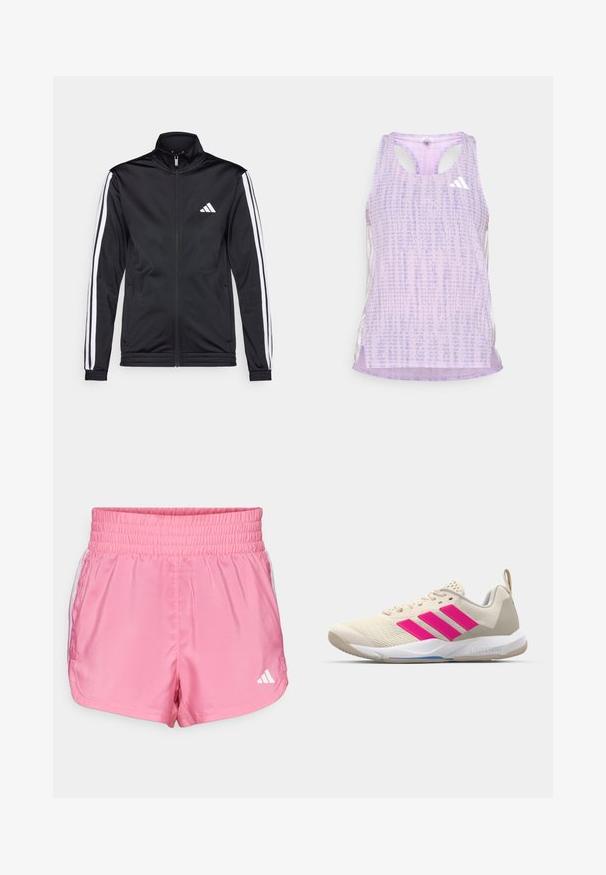 Casaco atlético preto com gola alta, fecho frontal e riscas brancas ao longo das mangas. Apresenta um logótipo branco bordado no peito.; Top desportivo roxo com um tecido texturizado e padrão. Apresenta recortes nas laterais e um pequeno logotipo branco na parte da frente.; Calções atléticos rosa com um cós elástico, apresentando realces brancos nas laterais e um pequeno logótipo branco no canto inferior direito.; Sapata atlética bege com logotipo de três riscas cor-de-rosa, parte superior em malha texturizada, colarinho acolchoado e sola de borracha branca, apresentando a marca "LIGHTSTRIKE".