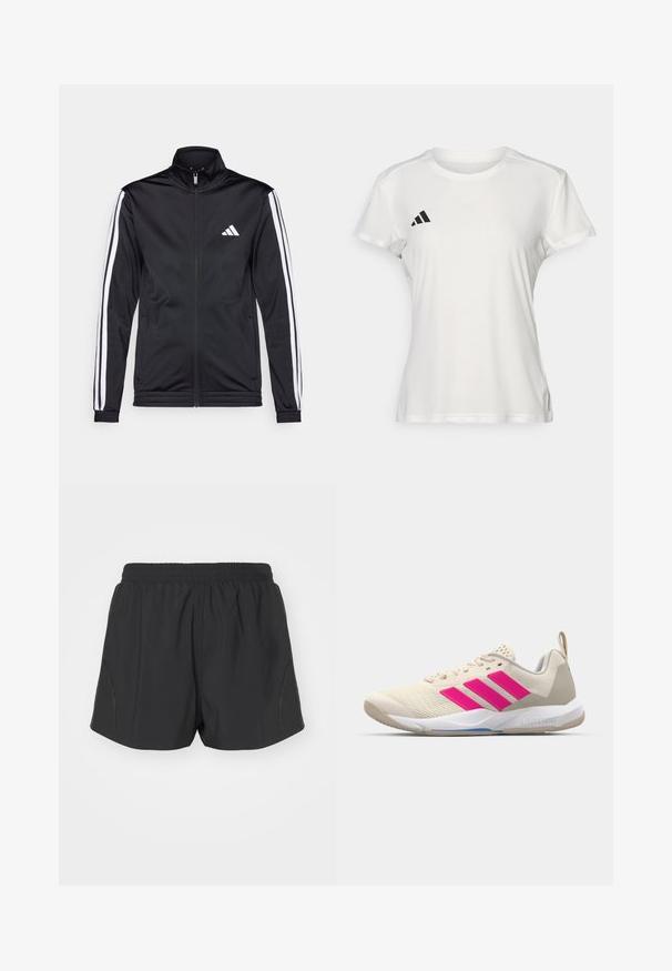 Chaqueta deportiva negra con cuello alto, cremallera frontal y franjas de acento blancas a lo largo de las mangas. Presenta un logo blanco bordado en el pecho.; Camiseta deportiva blanca hecha de tejido que absorbe la humedad. Mangas cortas, cuello redondo, presenta un logo negro y un emblema de tres rayas en el lado izquierdo del pecho.; Pantalones cortos de running negros con cintura elástica, tejido ligero y un diseño texturizado que presenta sutiles acentos en los laterales.; Zapatilla deportiva beige con logo de tres rayas rosa, parte superior de malla texturizada, cuello acolchado y suela de goma blanca, con la marca "LIGHTSTRIKE".