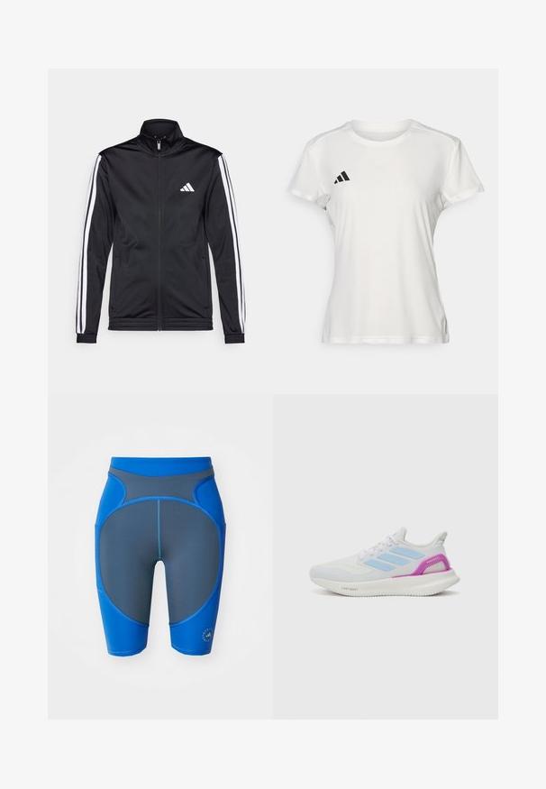 Černá sportovní bunda s vysokým límcem, předním zipem a bílými akcentovacími pruhy na rukávech. Obsahuje vyšitý bílý logo na prsou.; Bílé atletické tričko vyrobené z tkaniny odvádějící vlhkost. Krátké rukávy, kulatý výstřih, černé logo a emblém se třemi pruhy na levém prsu.; Modré a šedé sportovní šortky s přiléhavým střihem, obsahující kontrastní panely, ploché švy a logo na lemu.; adidas Performance PUREBOOST 5 - Silniční běžecké boty - white/glow blue/purple burst