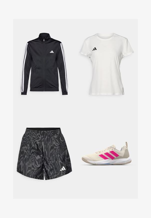 Schwarze Sportjacke mit hohem Kragen, Frontreißverschluss und weißen Akzentstreifen an den Armen. Besitzt ein gesticktes weißes Logo auf der Brust.; Weißes Sport-T-Shirt aus feuchtigkeitsregulierendem Material. Kurze Ärmel, Rundhals, mit schwarzem Logo und drei-Streifen-Emblem auf der linken Brust.; Schwarze Sportshorts mit wellenförmigem grauen Muster, elastischem Bund und seitlichen Schlitzen. Mit einem weißen Logo auf der unteren linken Seite.; Beige Sportsschuh mit pinkem Dreistreifen-Logo, strukturiertem Mesh-Obermaterial, gepolstertem Schaft und weißer Gummisohle, mit "LIGHTSTRIKE"-Branding.