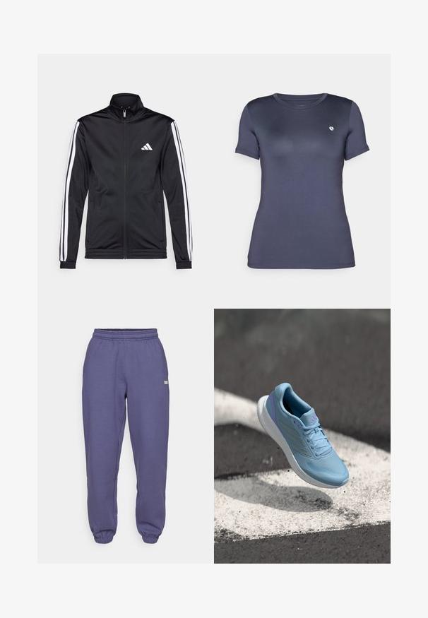 Melnā sporta jaka ar augstu apkakli, priekšējo rāvējslēdzēju un baltām akcenta svītrām gar rokām. Tās priekšpusē ir izšūts balts logo uz krūšu daļas.; Navy zils īsām piedurknēm T-krekls, izgatavots no gludas, elastīgas auduma. Tam ir neliels balts emblēma kreisajā krūtī. Klasiska apaļa kakla izgriezuma forma.; Violetīgas sporta bikses ar elpojošu jostu, sašaurinātām kājām un ribotām aprocēm; izgatavotas no mīkstas, teksturētas auduma. Mazs logo elements sānos.; Gaiši zils sporta apavu ar teksturētu auduma augšdaļu, violetiem akcentiem un baltu spilventiņveida zolīti. Sānā ir trīs svītras.