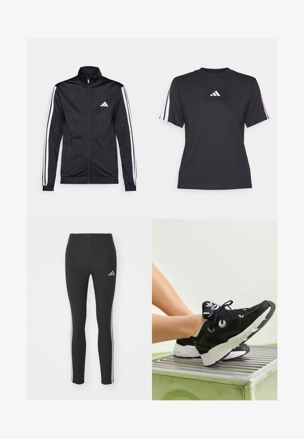 Black athletic jacket with a high collar, front zipper, and white accent stripes along the arms. Features an embroidered white logo on the chest.; Black athletic t-shirt made of soft fabric, featuring a crew neckline, short sleeves, and three white stripes on each shoulder. White logo on chest.; Black leggings made of stretchy material with white side stripes and a small reflective logo on the upper left side.; Black athletic sneakers with a mesh and synthetic upper, white midsole, and round eyelets. Features branded tongue logo and thick rubber sole.