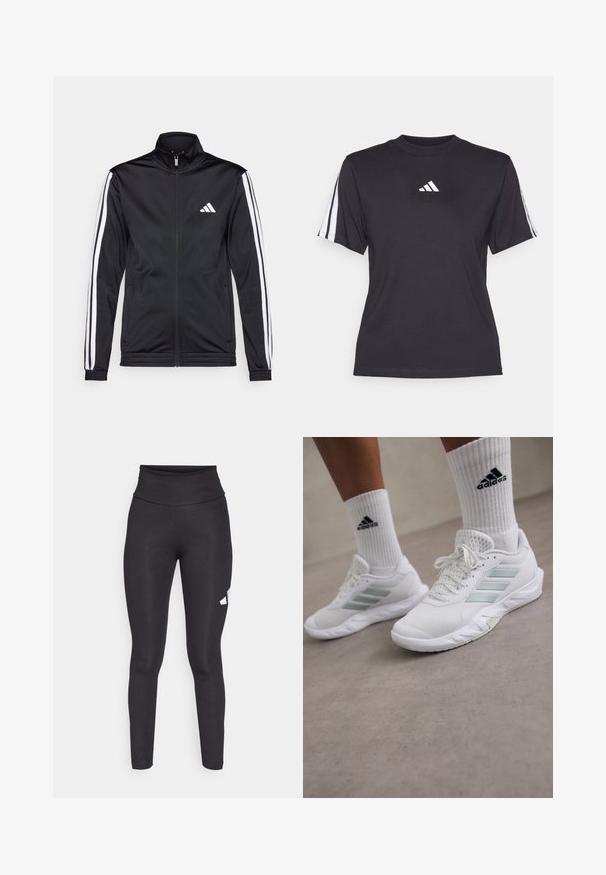 Czarna sportowa kurtka z wysokim kołnierzem, przednim zamkiem błyskawicznym i białymi paskami akcentującymi na rękawach. Posiada wyszywane białe logo na klatce piersiowej.; Czarny sportowy t-shirt z miękkiego materiału, z okrągłym dekoltem, krótkimi rękawami i trzema białymi paskami na każdym ramieniu. Białe logo na klatce piersiowej.; Czarne legginsy high-waisted wykonane z gładkiego, elastycznego materiału, z białym logo po lewej stronie. Dopasowany krój bez wzorów.; Białe buty sportowe z siateczkową cholewką i jasnoszarymi akcentami, z charakterystycznym wzorem trzech pasków i gumową podeszwą. W parze z białymi skarpetkami typu crew.