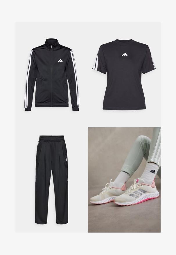 Black athletic jacket with a high collar, front zipper, and white accent stripes along the arms. Features an embroidered white logo on the chest.; Black athletic t-shirt made of soft fabric, featuring a crew neckline, short sleeves, and three white stripes on each shoulder. White logo on chest.; Black athletic pants with pleats, elastic waistband, and side stripes. Made from smooth fabric, featuring the Adidas logo in white.; White athletic shoes with light pink accents and silver side stripes. Textured fabric upper with a rubber sole featuring a pink outsole.