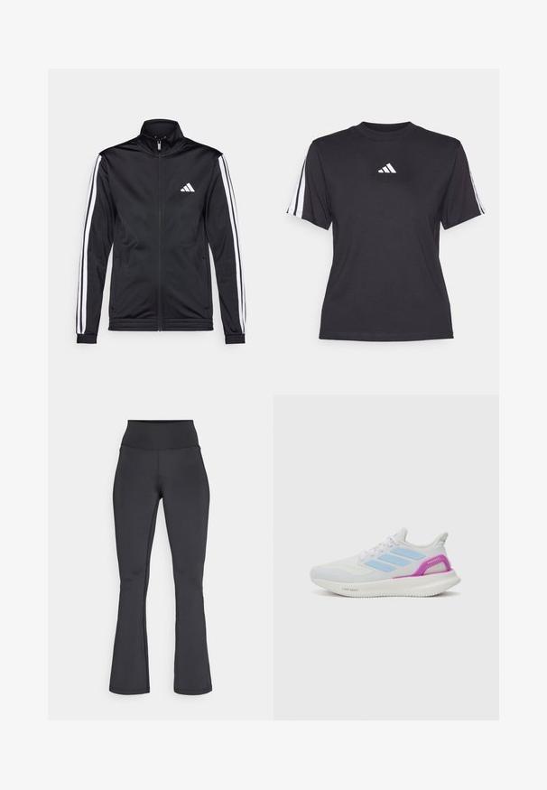 Veste de sport noire avec un col montant, fermeture éclair sur le devant et rayures blanches sur les bras. Elle présente un logo brodé blanc sur la poitrine.; T-shirt de sport noir en tissu doux, avec un col rond, des manches courtes et trois rayures blanches sur chaque épaule. Logo blanc sur la poitrine.; Leggings noires à taille haute évasée avec des coutures visibles, fabriquées en tissu extensible et lisse, présentées à plat sur un fond blanc.; adidas Performance PUREBOOST 5 - Chaussures de running sur route - white/glow blue/purple burst