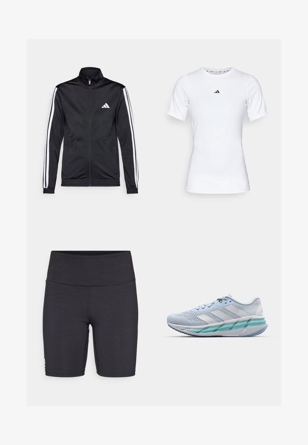 Sort atletisk jakke med høj krave, for-zip og hvide accentstriber langs armene. Har et broderet hvidt logo på brystet.; Hvid atletisk skjorte med korte ærmer, lavet af glat, strækbart stof. Har et lille sort Adidas-logo på brystet.; Sorte atletiske shorts lavet af strækbart stof, med en høj talje og flade syninger. Designet til komfort og bevægelighed.; Lysblå sportsko med en struktureret strikoverside, hvide detaljer og en gennemsigtig grøn mellemsål. Rund tå og polstret krave.