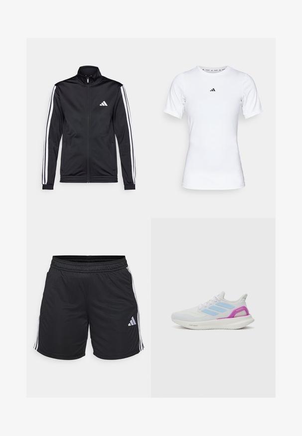 Svart treningsjakke med høy krage, frontglidelås og hvite stripe aksenter langs armene. Har et brodert hvitt logo på brystet.; Hvit idrettsskjorte med korte ermer, laget av glatt, elastisk stoff. Har en liten svart Adidas-logo på brystet.; Sorte sportslige shorts med en lett og glatt tekstur. Har hvite side-striper og en liten sølv logo nederst til venstre. Elastisk midjebånd.; adidas Performance PUREBOOST 5 - Løpesko for vei - white/glow blue/purple burst