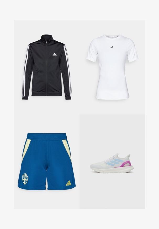 Melnā sporta jaka ar augstu apkakli, priekšējo rāvējslēdzēju un baltām akcenta svītrām gar rokām. Tās priekšpusē ir izšūts balts logo uz krūšu daļas.; Balts sporta krekls ar īsām piedurknēm, izgatavots no gludas, elastīgas auduma. Uz krūšu ir neliels melns Adidas logo.; Zilā sporta šorti ar dzeltenu akcentu sānos, izšūtu Zviedrijas simbolu un Adidas logo dzeltenā krāsā apakšējā labajā stūrī.; adidas Performance PUREBOOST 5 - Apavi skriešanai pa asfaltu - white/glow blue/purple burst