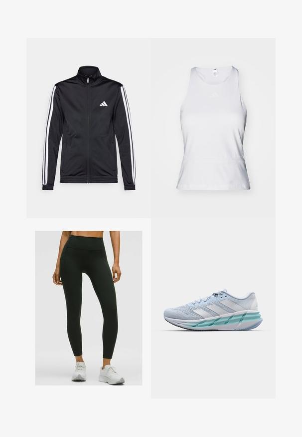 Zwarte sportjack met een hoge kraag, voorrits en witte accentstrepen langs de armen. Bevat een geborduurd wit logo op de borst.; Witte mouwloze sporttop met een ronde hals, een gladde textuur en een subtiele tonal logo op de borst. Rechte zoom aan de taille.; Hoge taille zwarte legging van rekbaar materiaal, met een gladde textuur en zijzakken. Gecombineerd met witte sportschoenen.; Lichtblauwe sportschoenen met een gestructureerde breitbovenkant, witte accenten en een doorzichtige groene tussenzool. Ronde neus en gevoerde kraag.