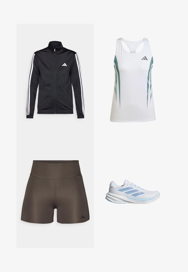 Black athletic jacket with a high collar, front zipper, and white accent stripes along the arms. Features an embroidered white logo on the chest.; White athletic tank top with teal accents and a geometric pattern. Features a racerback design and lightweight, textured fabric.; adidas Performance OPTIME RAW CUT HEM - Leggings - shadow olive; White running shoes with light blue accents, breathable mesh upper, three-stripe design, cushioned sole, and textured traction outsole.