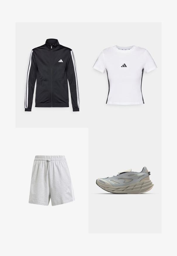 Svart idrottsjacka med hög krage, frontdragkedja och vita accentlinjer längs armarna. Har en broderad vit logotyp på bröstet.; Vit t-shirt med kort ärm i bomull, med en svart Adidas-logotyp i en fyrkantig patch och svarta sidodetaljer. Klassisk rund halsringning.; Grå idrottsshorts i mjukt material, med ett elastiskt midjeband med snörning och kontrasterande vita sidostäck.; Grå idrottssko med en strömlinjeformad design, med en texturerad ovandel, synlig snörning, en dämpande mellansula och en formad yttersula.