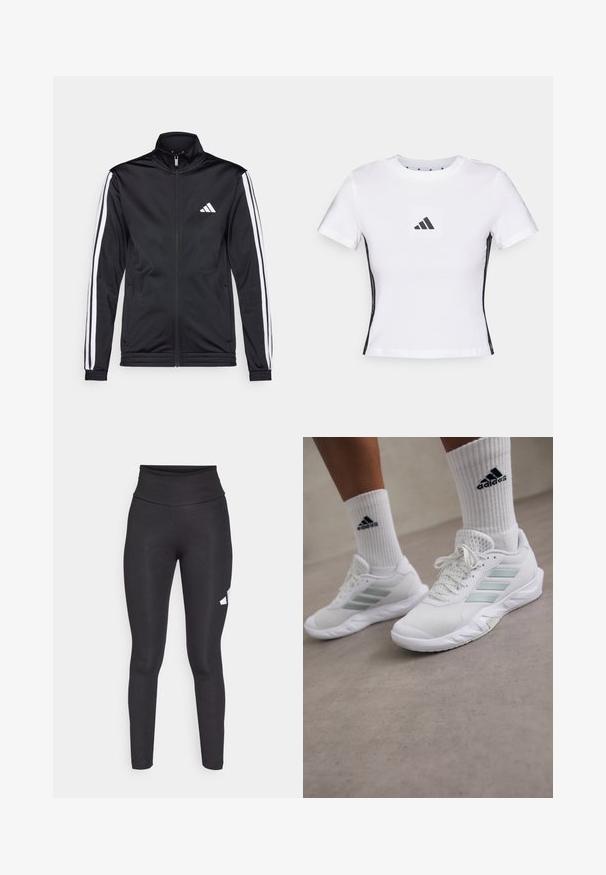 Čierna športová bunda s vysokým golierom, predným zipsom a bielymi akcentmi pozdĺž rukávov. Obsahuje vyšívané biele logo na hrudi.; Biely krátky rukáv tričko vyrobené z bavlny, s čiernym logom Adidas v štvorcovej nášivke a čiernymi bočnými akcentmi. Klasický výstrih do okrúhla.; Čierne legíny s vysokým pásom vyrobené z hladkej, elastickej látky, s bielym logom na ľavej strane. Úzky strih bez vzorov.; Biele športové topánky s priedušným zvrškom a svetlozelenými akcentmi, s trojprúžkovým dizajnom a gumovou podrážkou. V páre s bielymi ponožkami po členky.