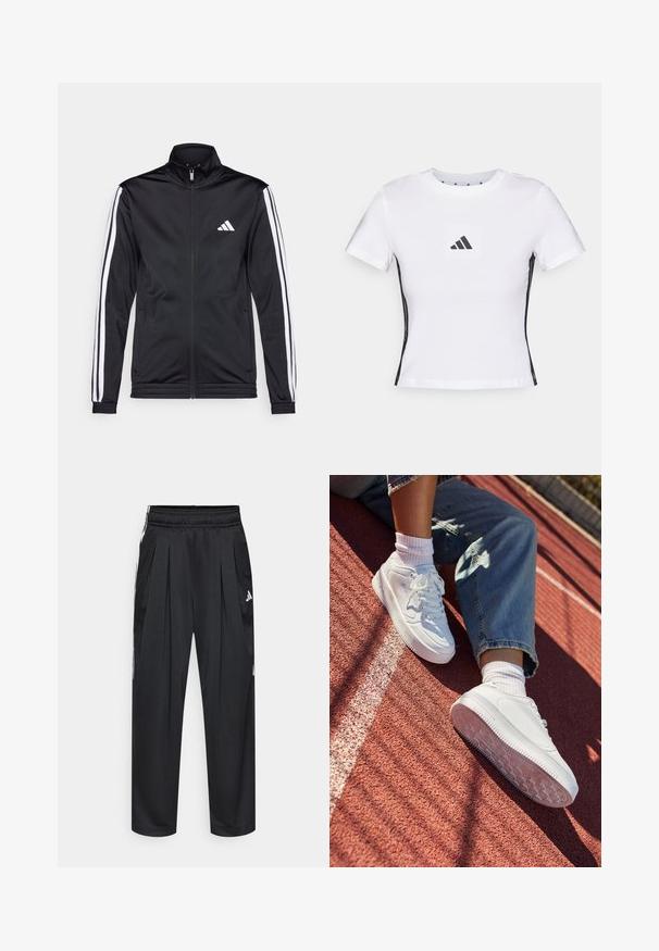 Veste de sport noire avec un col montant, fermeture éclair sur le devant et rayures blanches sur les bras. Elle présente un logo brodé blanc sur la poitrine.; T-shirt blanc à manches courtes en coton, avec un logo Adidas noir dans un patch carré et des accents latéraux noirs. Col rond classique.; Pantalon de sport noir avec plis, taille élastique et bandes latérales. Fabriqué en tissu lisse, avec le logo Adidas en blanc.; Baskets en cuir blanc avec un bout perforé, des lacets plats et une semelle en caoutchouc. Portées avec des chaussettes blanches et un jean bleu clair, sur une piste de course rouge.