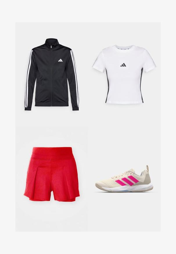 Čierna športová bunda s vysokým golierom, predným zipsom a bielymi akcentmi pozdĺž rukávov. Obsahuje vyšívané biele logo na hrudi.; Biely krátky rukáv tričko vyrobené z bavlny, s čiernym logom Adidas v štvorcovej nášivke a čiernymi bočnými akcentmi. Klasický výstrih do okrúhla.; Červené šortky s elastickým pásom, s plisovaním vpredu a hladkým povrchom. Krátka dĺžka s uvoľneným strihom po celých šortkách.; Béžová atletická obuv s ružovým logom trojpruhov, textúrovaný sieťový zvršok, polstrovaný golier a biela gumová podrážka s označením "LIGHTSTRIKE".