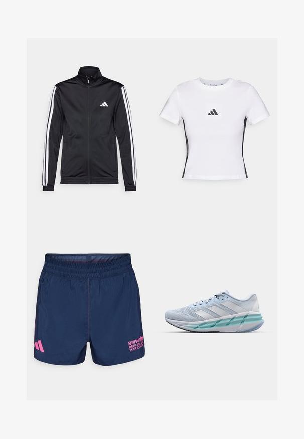 Svart treningsjakke med høy krage, frontglidelås og hvite stripe aksenter langs armene. Har et brodert hvitt logo på brystet.; Hvit kortermet t-skjorte laget av bomull, med en svart Adidas-logo i et kvadratisk merke og svarte sidelister. Klassisk rund hals.; adidas Performance BER25 OTR SHORTS - Sports shorts - collegiate navy; Lys blå sportsko med en teksturert strikkoverdel, hvite detaljer og en transparent grønn mellomsåle. Rund tå og polstret krage.
