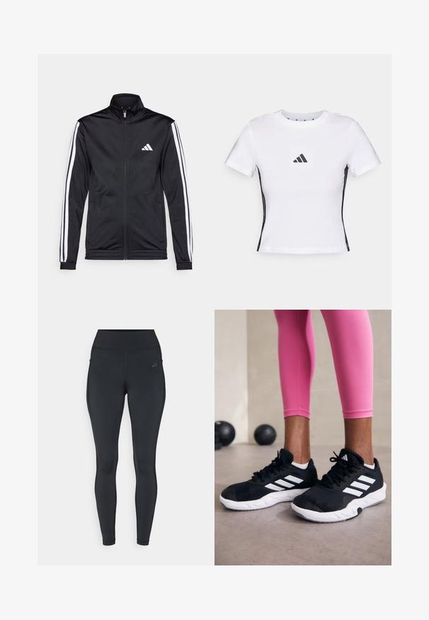 Melnā sporta jaka ar augstu apkakli, priekšējo rāvējslēdzēju un baltām akcenta svītrām gar rokām. Tās priekšpusē ir izšūts balts logo uz krūšu daļas.; Balta īsām piedurknēm T-kreklā izgatavota no kokvilnas, ar melnu Adidas logo kvadrātveida uzlīmi un melniem sānu akcentiem. Klasisks apaļais kakla izgriezums.; Melni legingi ar augstu jostasvietu, elegantu dizainu, elastīgu audumu un sānu kabatām. Iezīmēts ar diskretu zīmola logotipu augšējā kājā.; Melnas sporta kurpes ar baltām svītrām, teksturēta sieta augšdaļa un balta zole. Nēsātas ar rozā legingiem, demonstrējot treniņu apģērbu.
