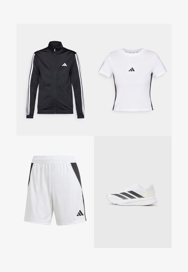 Svart treningsjakke med høy krage, frontglidelås og hvite stripe aksenter langs armene. Har et brodert hvitt logo på brystet.; Hvit kortermet t-skjorte laget av bomull, med en svart Adidas-logo i et kvadratisk merke og svarte sidelister. Klassisk rund hals.; Hvite treningsshorts med en svart sidepanel, laget av lett stoff. Har elastisk midje og en svart Adidas-logo på den nedre delen av benet.; Hvit sportssko med svarte diagonale striper, mesh-overdel, rund tå og teksturert såle. Detaljene inkluderer en sølvfarget hæl og minimalistisk design.