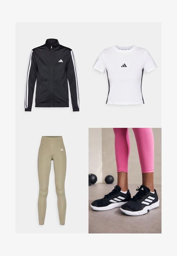 Black athletic jacket with a high collar, front zipper, and white accent stripes along the arms. Features an embroidered white logo on the chest.; White short-sleeve t-shirt made from cotton, featuring a black Adidas logo in a square patch and black side accents. Classic crew neckline.; adidas Performance OPT ESS ST 1/1 - Leggings - silver pebble; Black athletic shoes with white stripes, textured mesh upper, and a white sole. Worn with pink leggings, showcasing training apparel.