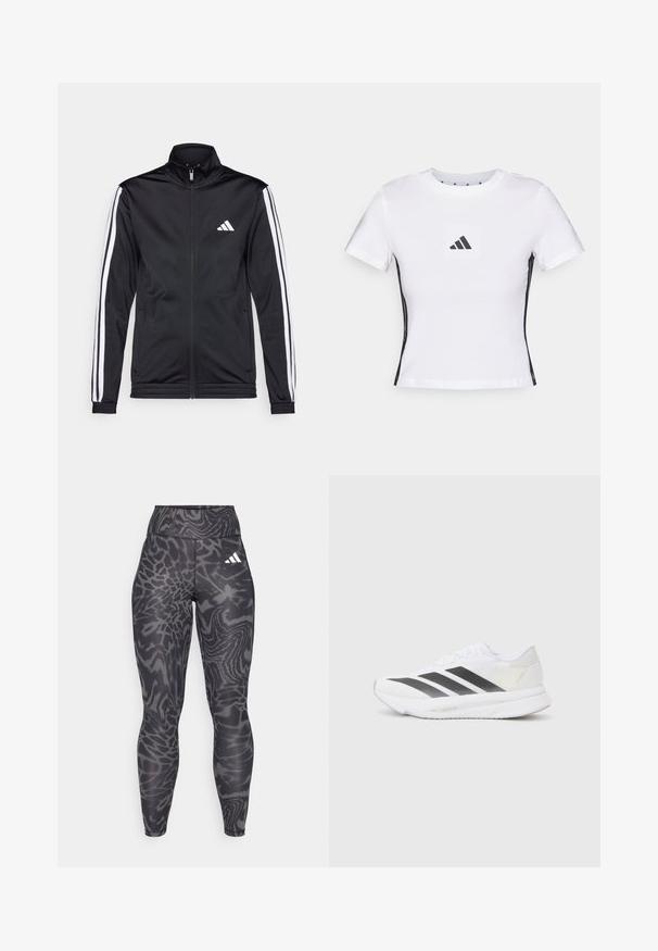Black athletic jacket with a high collar, front zipper, and white accent stripes along the arms. Features an embroidered white logo on the chest.; White short-sleeve t-shirt made from cotton, featuring a black Adidas logo in a square patch and black side accents. Classic crew neckline.; Black leggings with a textured, abstract pattern in shades of gray, featuring a high waistband and a white logo on the hip.; White athletic shoe with black diagonal stripes, mesh upper, rounded toe, and textured sole. Accents include a silver heel and minimalistic design.